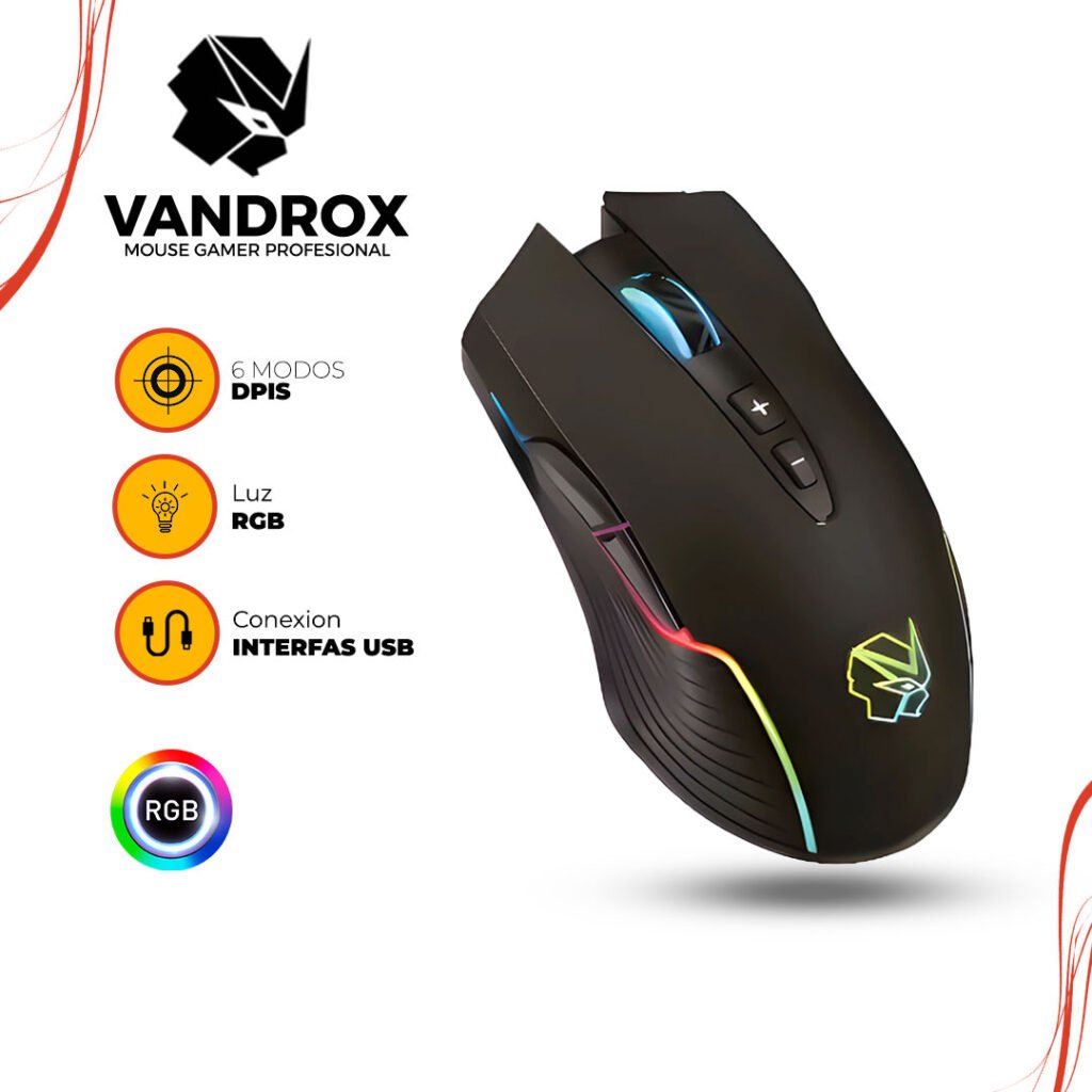 Mouse GAMER CRACKED VANDROX 6400 RGB DPI Negro