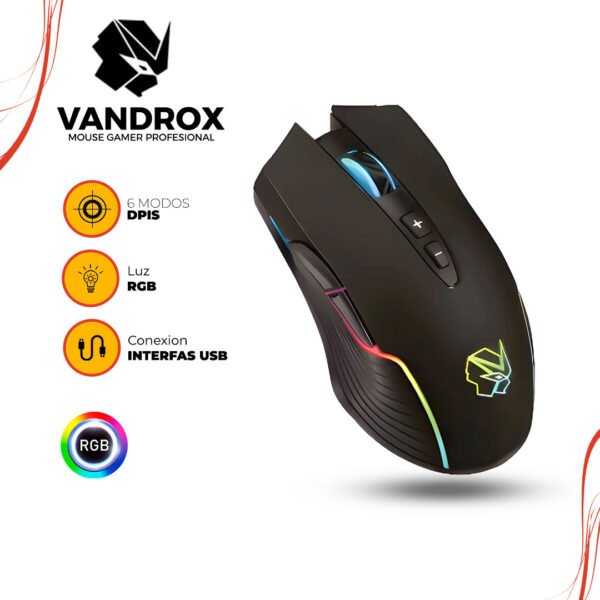 Mouse GAMER CRACKED VANDROX 6400 RGB DPI Negro